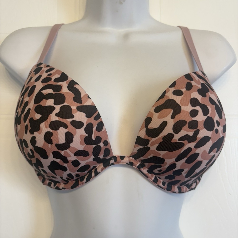 Victoria's Secret PINK Super Push Up Bra‎ 32DD Pink Leopard Wear Everywhere NEW
